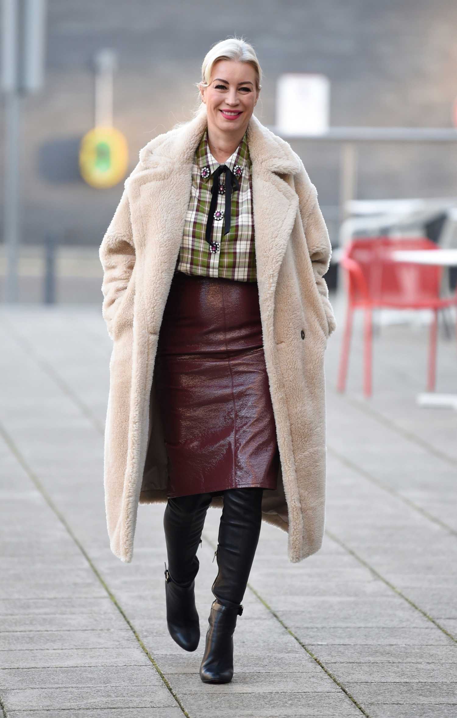 Denise Van Outen in a Beige Fur Coat Arrives at the Steph’s Packed