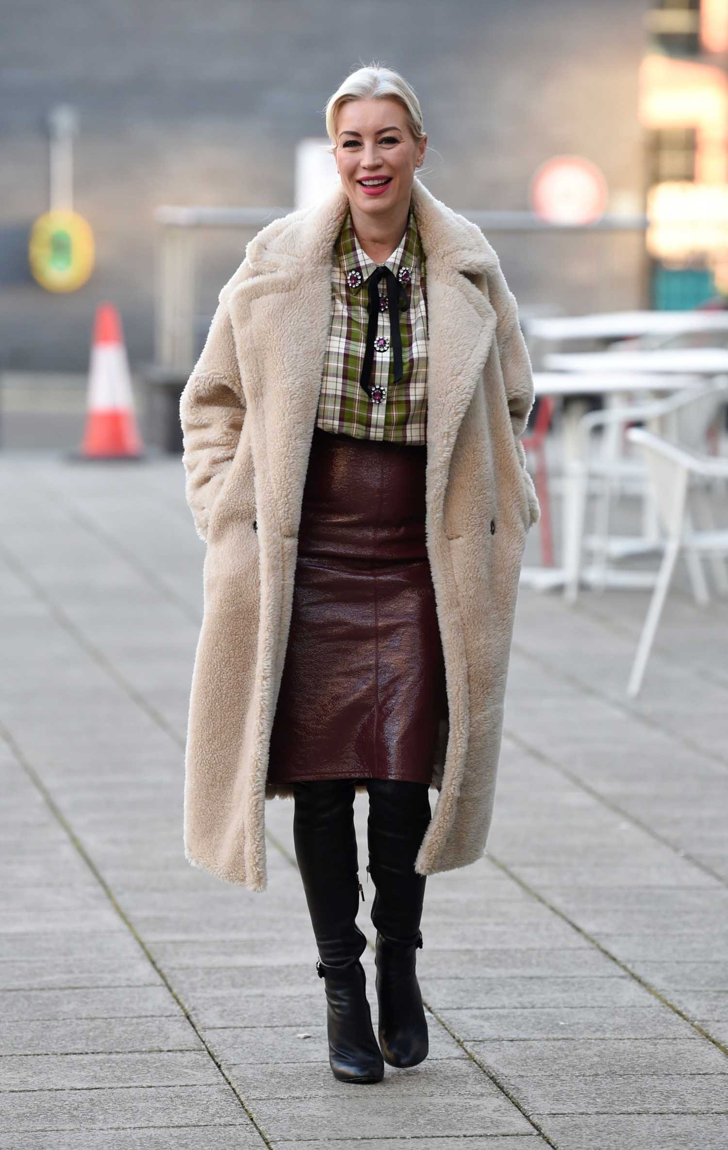 Denise Van Outen in a Beige Fur Coat Arrives at the Steph’s Packed