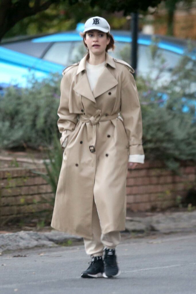 Lily James in a Beige Coat