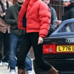 Elizabeth Debicki in a Red Puffer Jacket Transforms Into the Princess Diana on the Set of The Crown in London