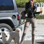 Emma Hernan in a Black Leather Jacket Walks Her Dog in West Hollywood
