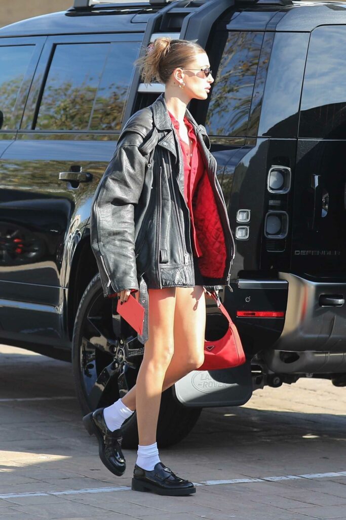 Hailey Bieber in a Black Oversized Leather Jacket
