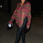 Karrueche Tran in a Plaid Ripped Shirt Exits a Party in West Hollywood