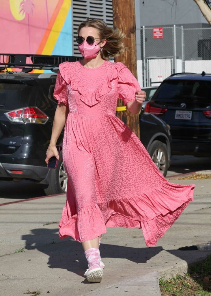 Kristen Bell in a Pink Animal Print Dress