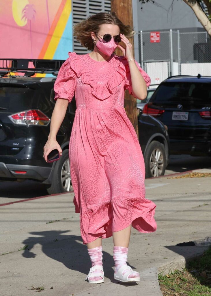 Kristen Bell in a Pink Animal Print Dress