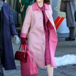 Rachel Brosnahan in a Pink Coat on the Set of The Marvelous Mrs Maisel in New York