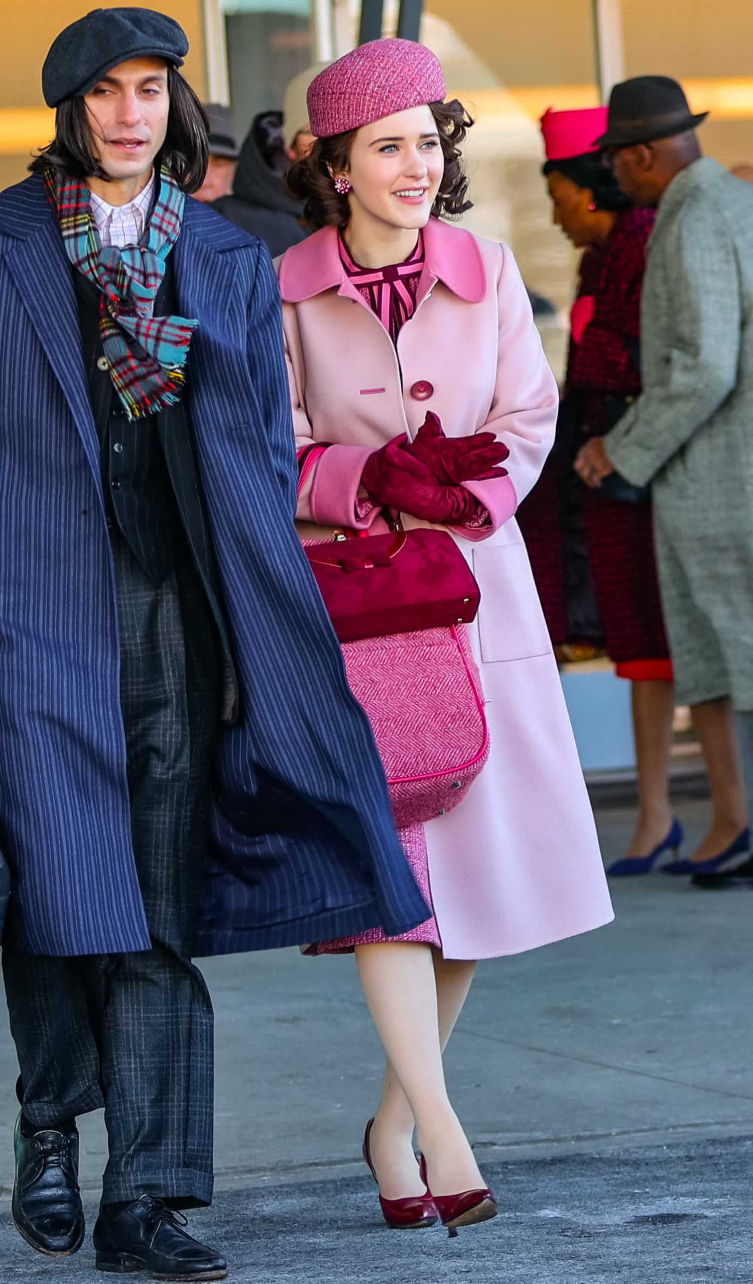 Rachel Brosnahan in a Pink Coat on the Set of The Marvelous Mrs Maisel ...