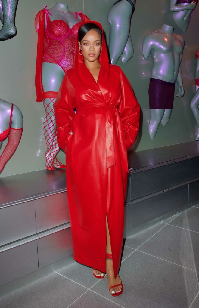 Rihanna in a Red Leather Coat