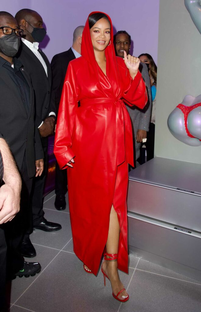 Rihanna in a Red Leather Coat