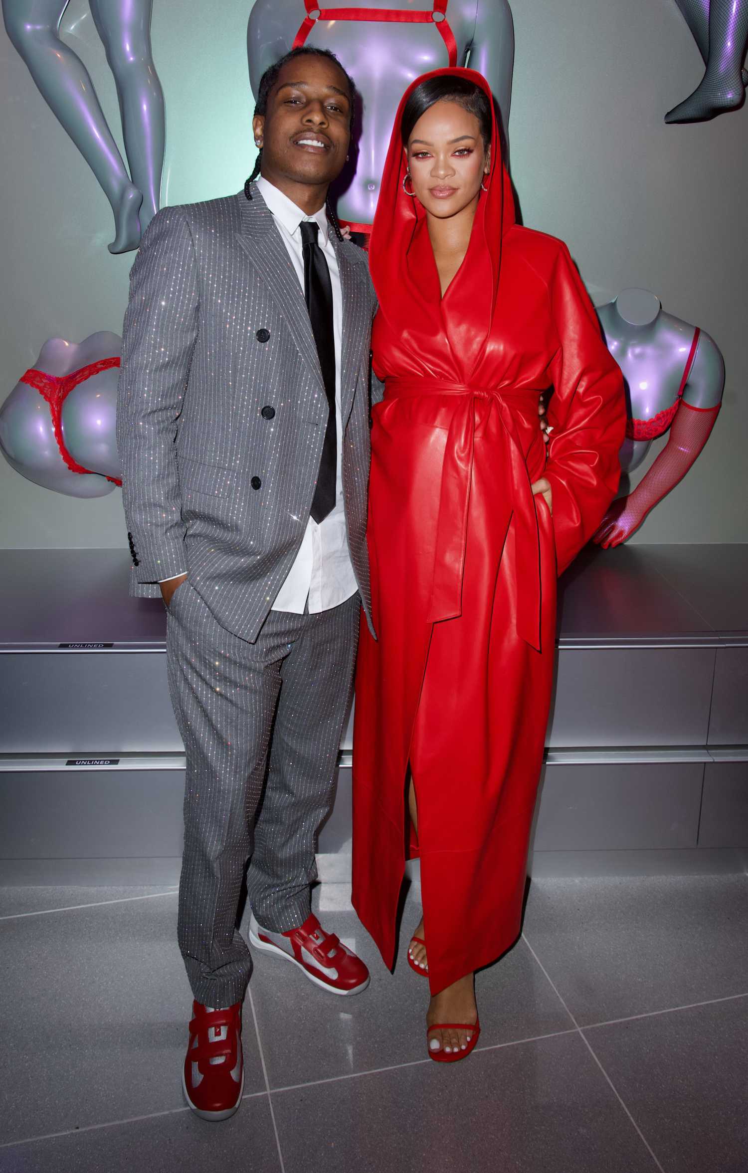 Rihanna in a Red Leather Coat Attends Savage x Fenty Store Opening in