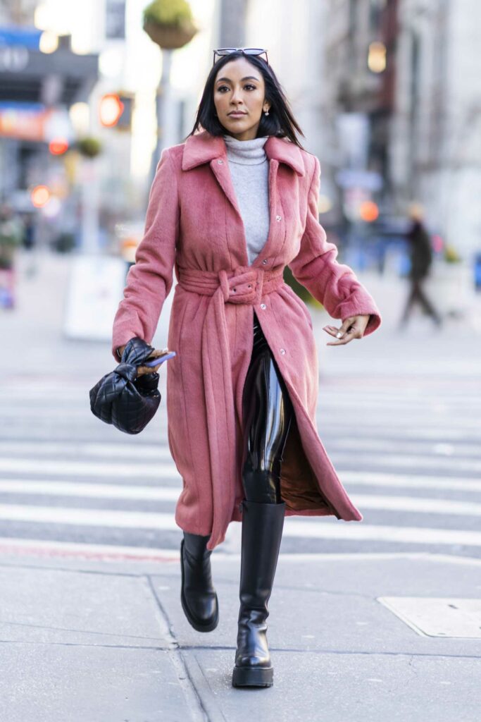 Tayshia Adams in a Pink Coat