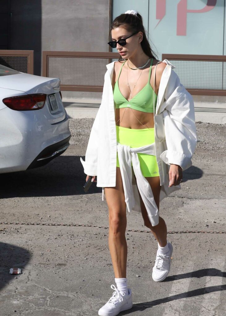 Hailey Bieber in a Neon Green Shorts