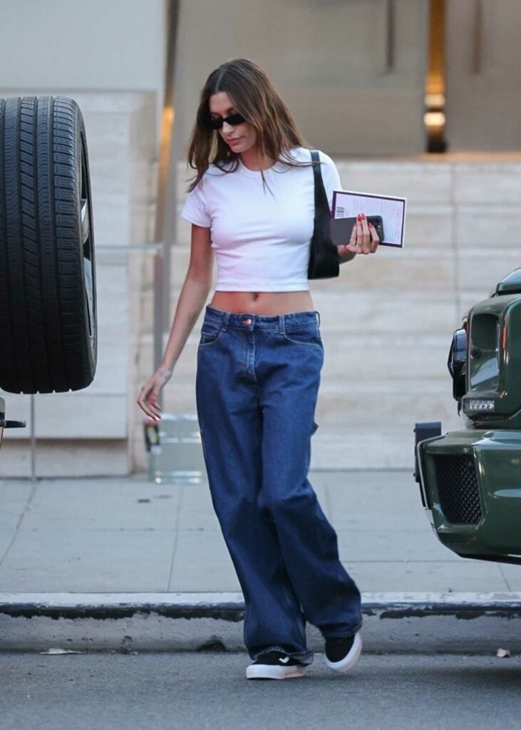 Hailey Bieber in a White Cropped Tee