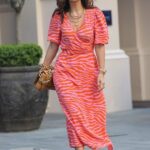 Myleene Klass in a Red Animal Print Dress Arrives at the Smooth Radio in London