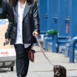 Tessa Thompson in a Black Leather Blazer Walks Her Dog in New York