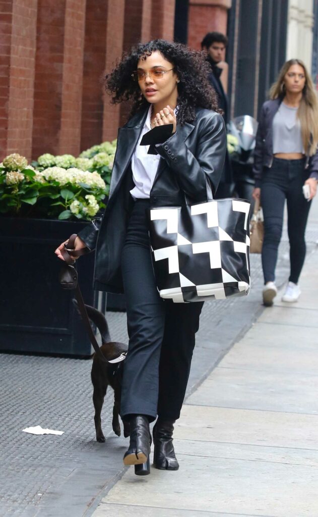 Tessa Thompson in a Black Leather Blazer