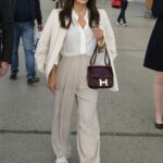 Eva Longoria in a Beige Pants Touches Down at Nice Airport in Nice