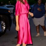 Mariska Hargitay in a Pink Dress Arrives at the NBC Upfronts Dinner at Marea in New York