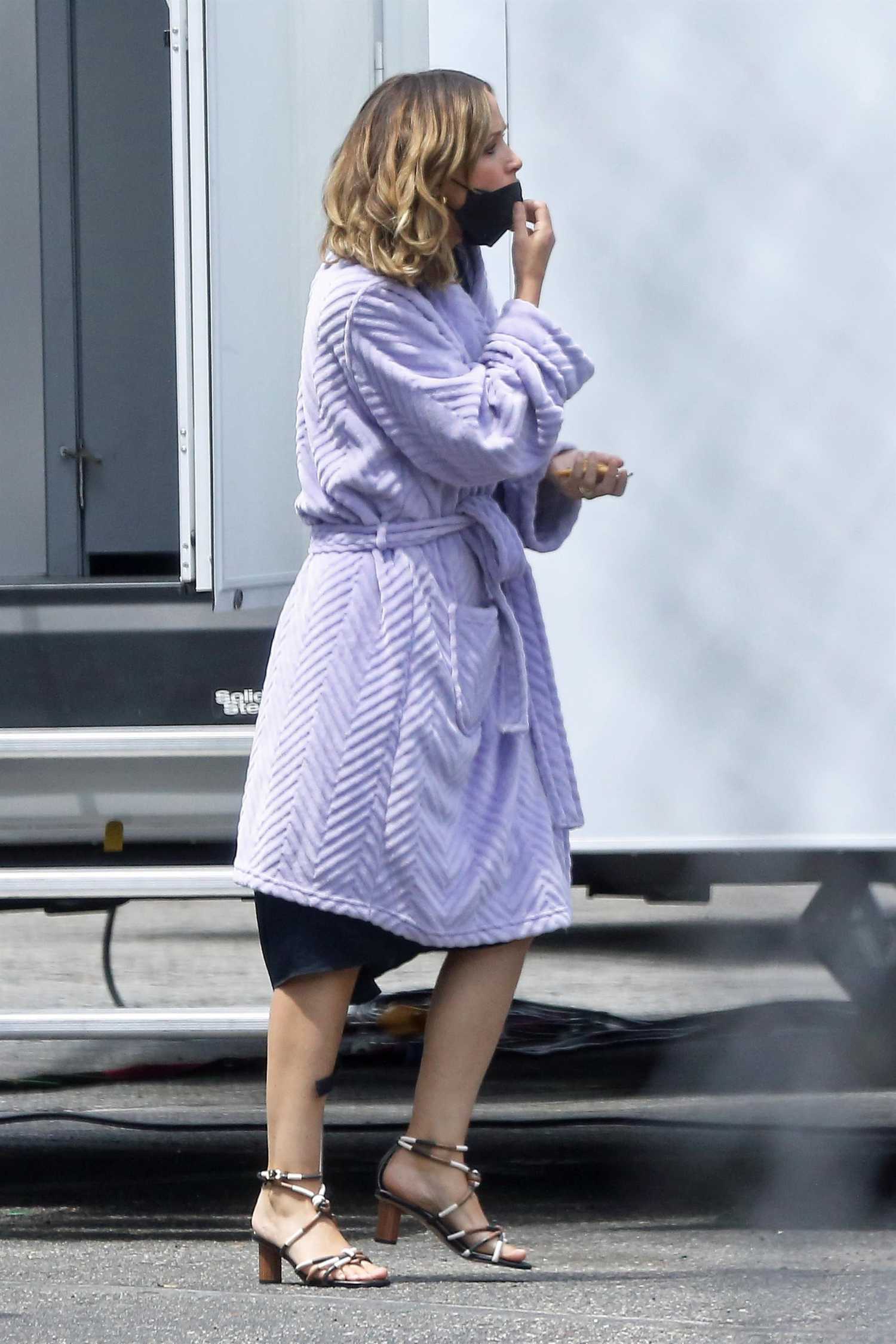 Rose Byrne in a Purple Bathrobe on the Set of Platonic in Los Angeles