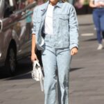 Ashley Roberts in a Blue Denim Pantsuit Leaves the Heart Radio in London