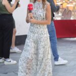 Amanda Holden in a Floral Dress Interviews Members of the Public at Heart Radio in London