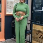 Chloe Ross in an Olive Ensemble Arrives at Re Opening of Zizzi Restaurant in Hornchurch in Essex