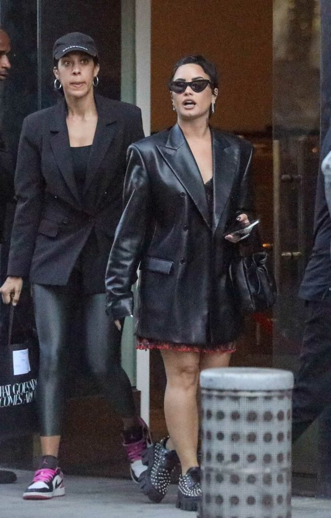 Demi Lovato in a Black Leather Blazer
