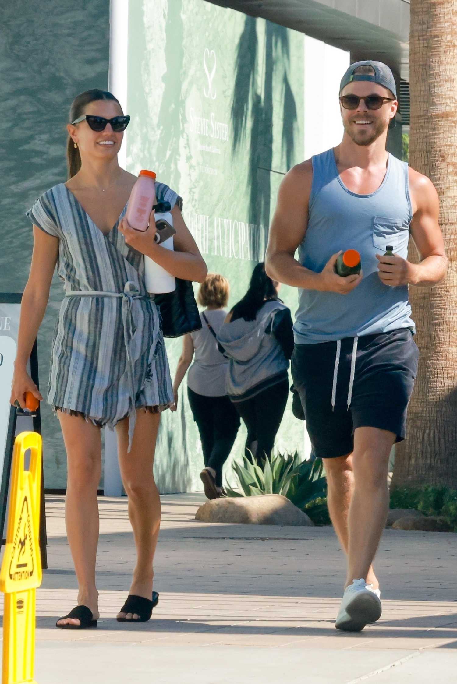 Hayley Erbert in a Striped Mini Dress Was Seen Out with Derek Hough on