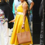 Vivica A. Fox in a Yellow Dress Leaves  Live with Kelly and Ryan TV Show in New York