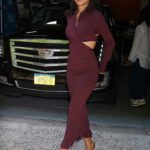 Yara Shahidi in a Burgundy Dress Leaves Live with Kelly and Ryan Show in New York City
