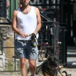 Zachary Quinto in a White Tank Top Walks His Dogs in New York