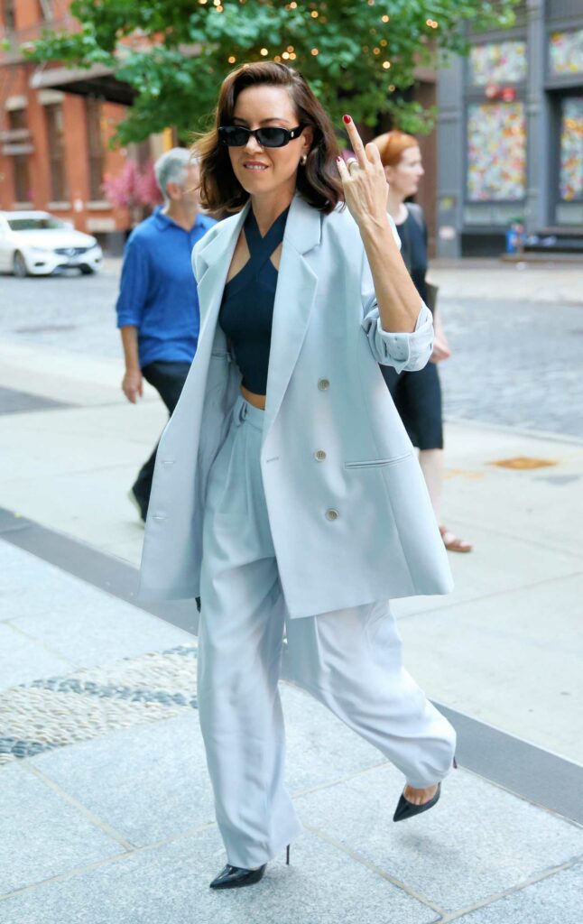 Aubrey Plaza in a Baby Blue Pantsuit