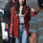 Dakota Johnson in a Red Leather Jacket on the Set of Marvel’s Madame Web in Chelsea