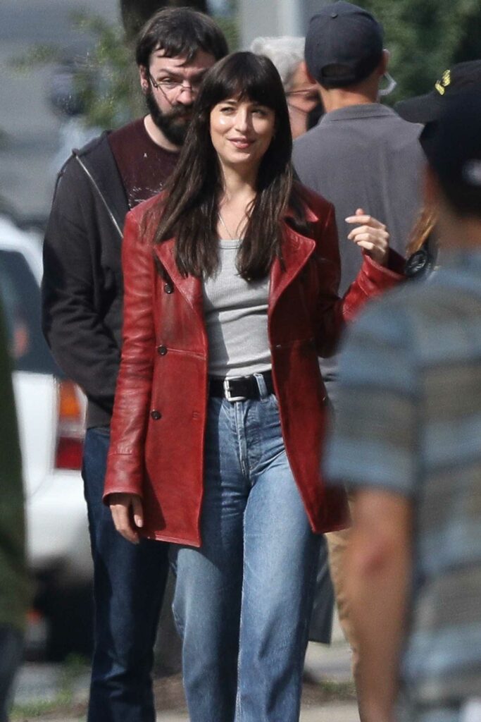 Dakota Johnson in a Red Leather Jacket
