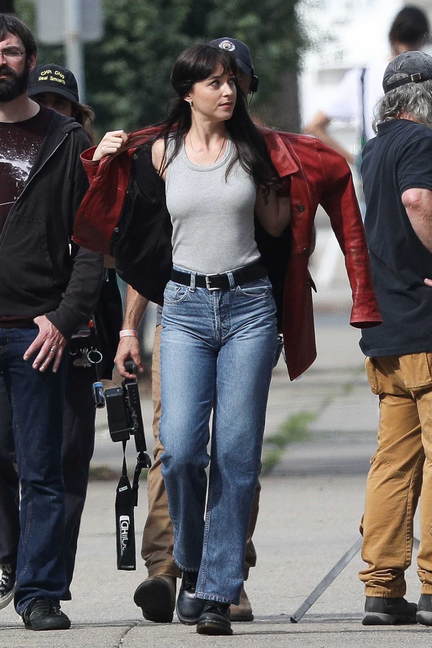 Dakota Johnson in a Red Leather Jacket on the Set of Marvel’s Madame ...