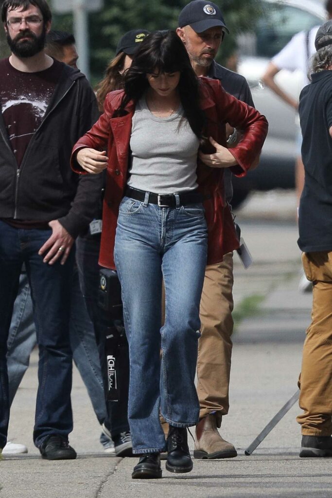 Dakota Johnson in a Red Leather Jacket