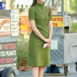 Emmy Rossum in a Green Knit Ensemble Filming The Crowded Room in Brooklyn in NYC