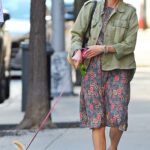 Naomi Watts in an Olive Jacket Walks Her Dog in Tribeca in NYC