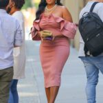 Angela Simmons in a Pink Dress Leaves the Tamron Hall Show in New York