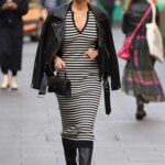 Ashley Roberts in a Black and White Striped Dress Leaves the Heart Breakfast Radio Studios in London