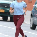 Jenna Coleman in a Blue Tee Filming a Scene on Her New TV Series Wilderness in New York
