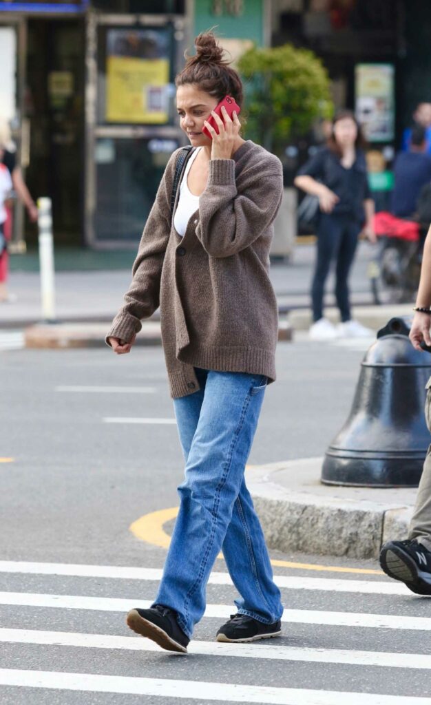 Katie Holmes in a Brown Cardigan