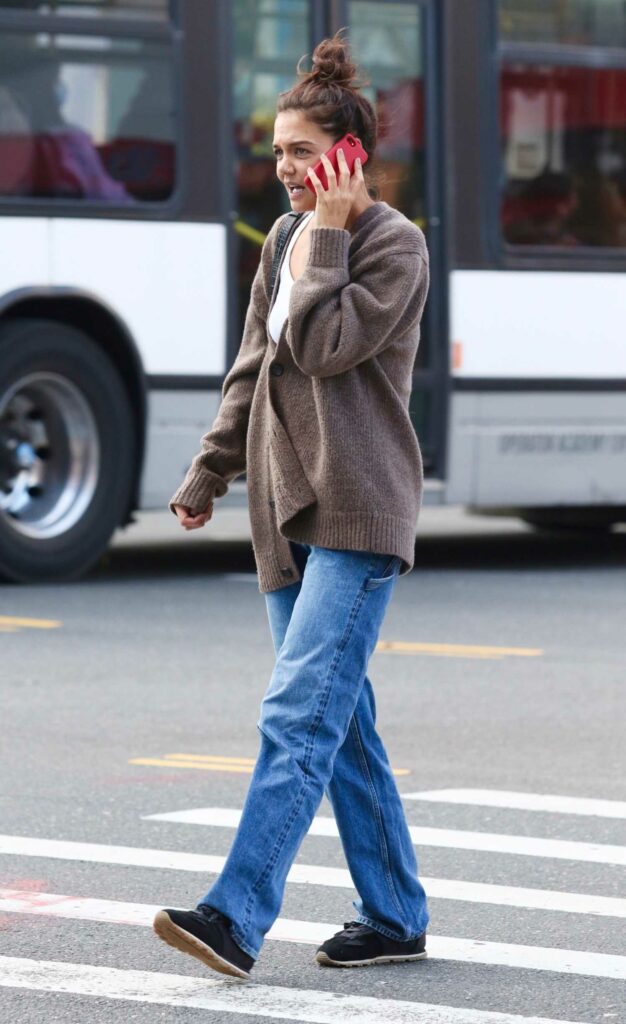 Katie Holmes in a Brown Cardigan