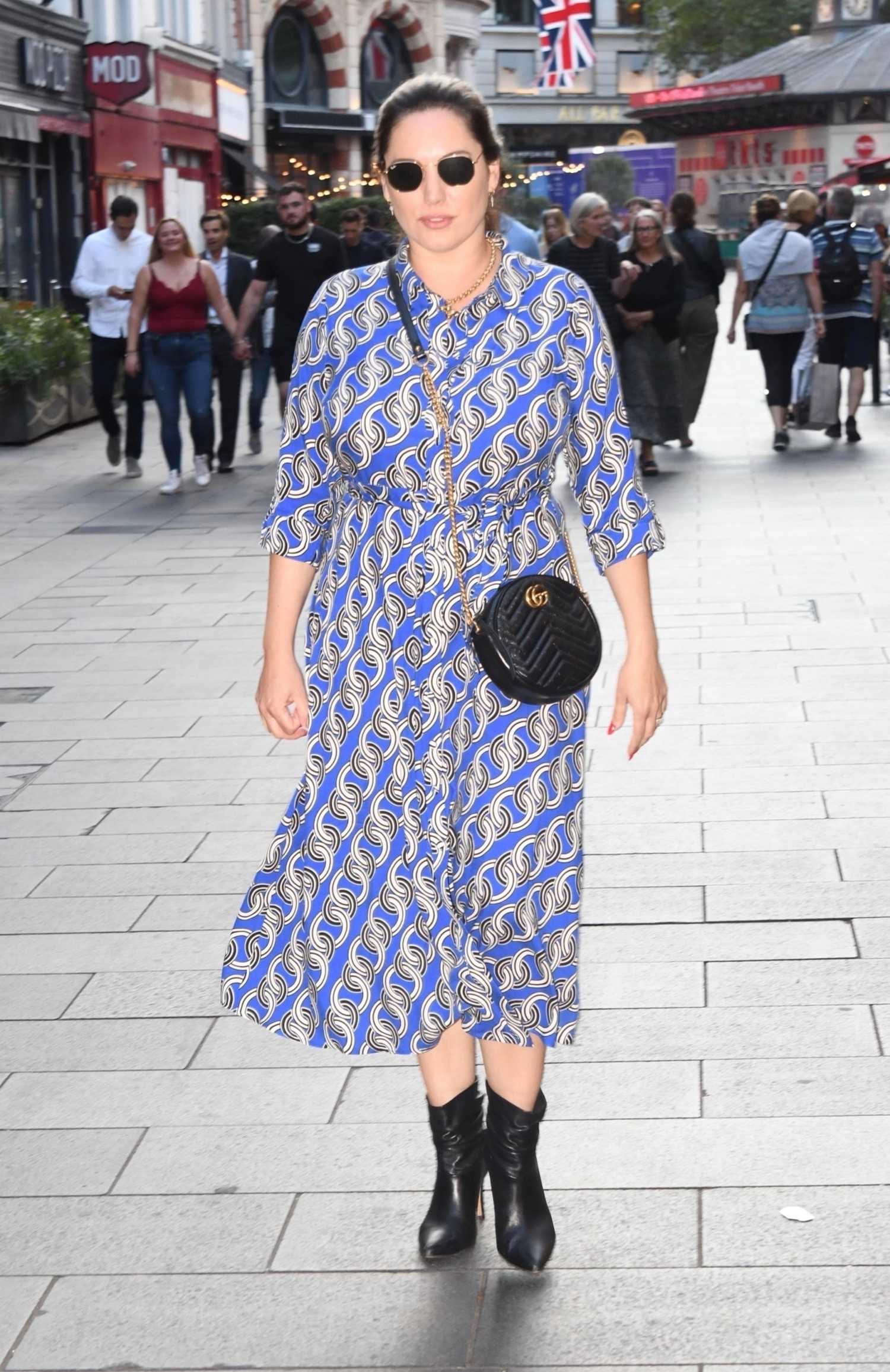 Kelly Brook in a Blue Patterned Dress Leaves the Heart Radio Studios in