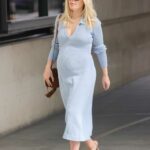 Mollie King in a Tight Powder Blue Dress Arrives at the BBC Studios in London