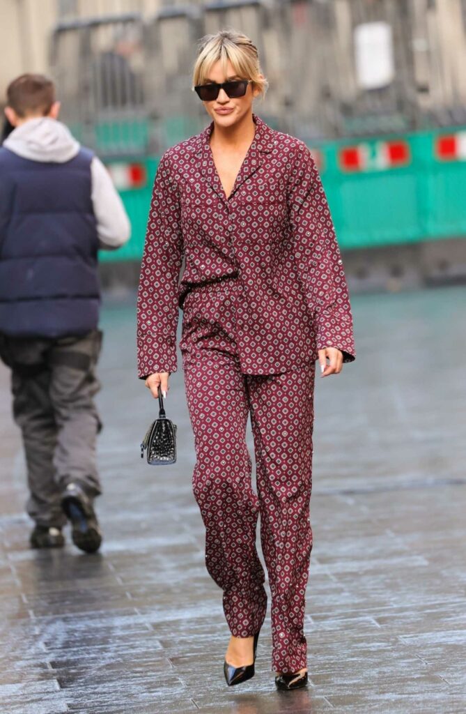 Ashley Roberts in a Patterned Burgundy Trouser Set