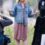 Lucy Boynton in a Blue Denim Jacket Was Seen while Shooting The Greatest Hits in Echo Park in Los Angeles