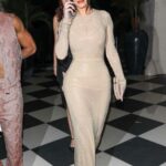 Anastasia Karanikolaou in a Beige Dress Leaves Odell Beckham jr.’s 30th Birthday Party at Mother Wolf in Hollywood