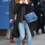 Brooke Shields in a Black Coat Exits Good Morning America in New York