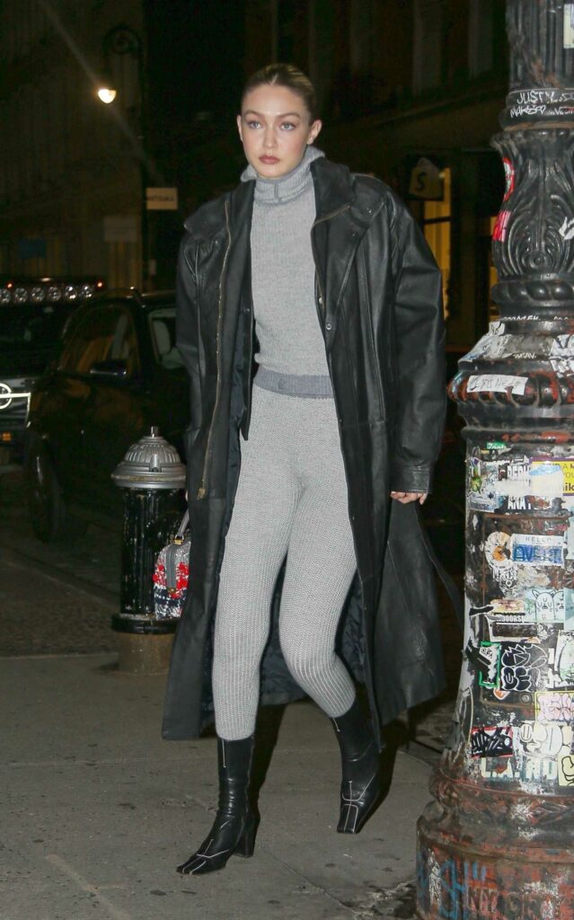 Gigi Hadid in a Black Leather Coat